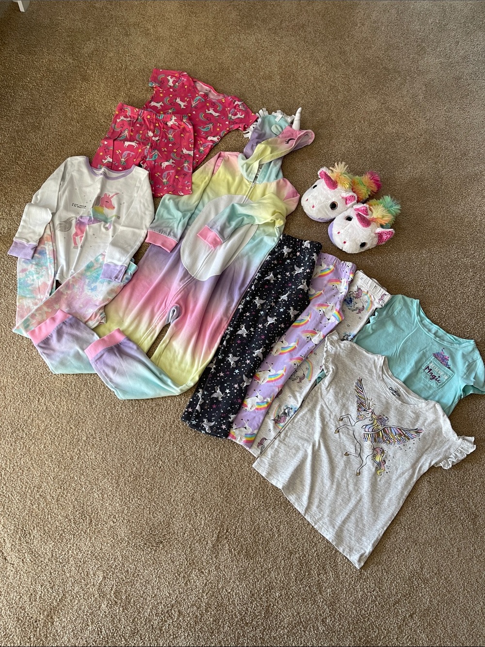 Carter's & OshKosh Rainbow Unicorn Pajamas, Leggings, Tops, Slippers, size 7